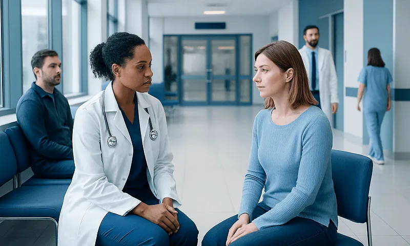 Doctor consulting a patient in a hospital corridor with medical staff in background.