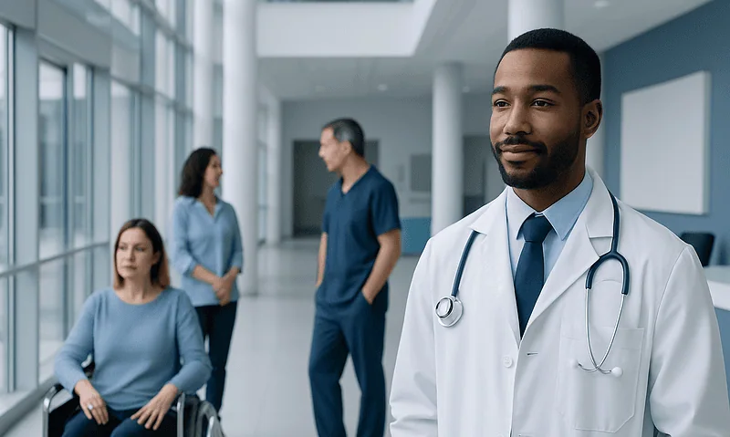 Healthcare professionals and a patient in a hospital corridor.