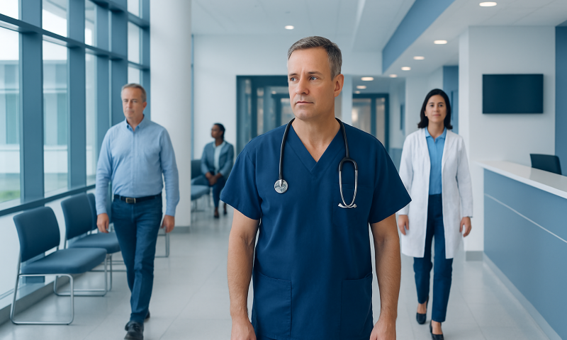 Medical team walking in hospital corridor with doctor in front.