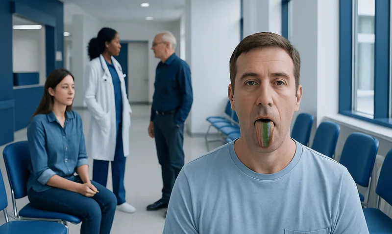 Patient with green tongue in hospital corridor for medical examination.