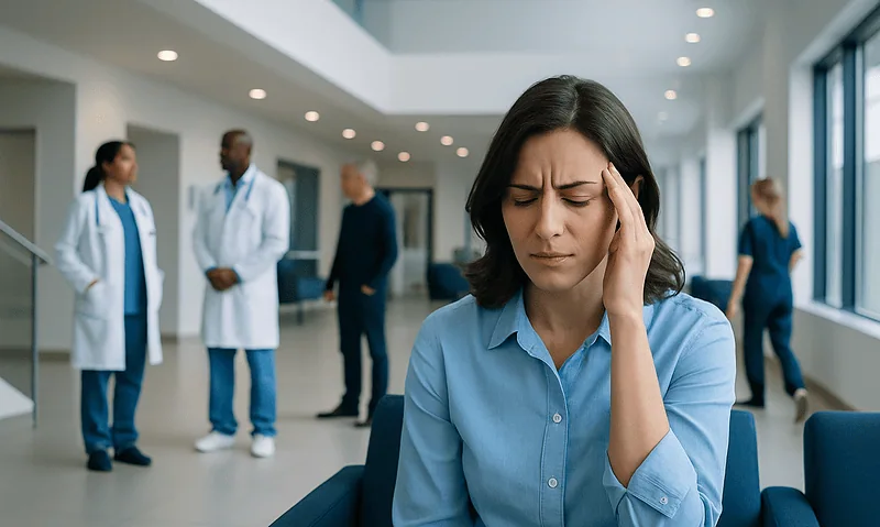 Woman with headache holding her temple in a hospital corridor.