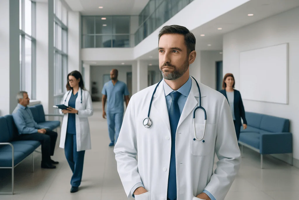 How Much Do a Heart Surgeon Make: An Evidence-Based Patient Guide 1 Healthcare professionals in a modern hospital lobby with a male doctor in focus.