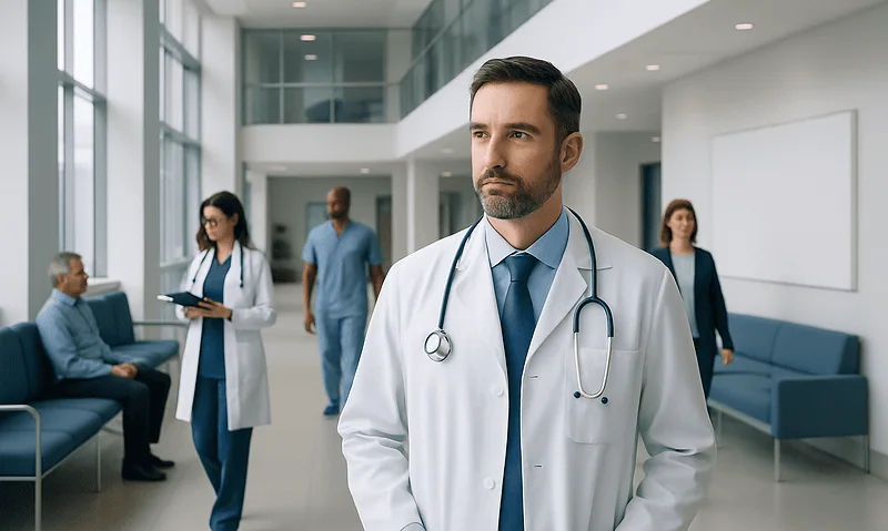 Healthcare professionals in a modern hospital lobby with a male doctor in focus.