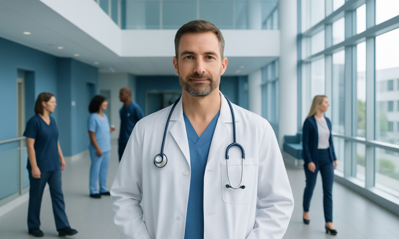 Doctor with stethoscope in hospital corridor with medical staff in background.