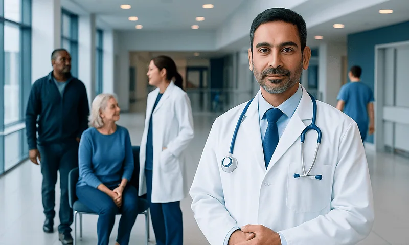 Doctor with stethoscope in hospital corridor with patients and staff.