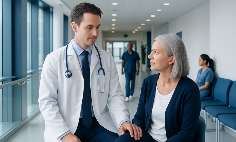 Doctor consulting with an elderly female patient in a hospital corridor.
