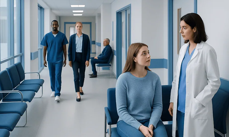 Patient consulting with doctor in hospital corridor.