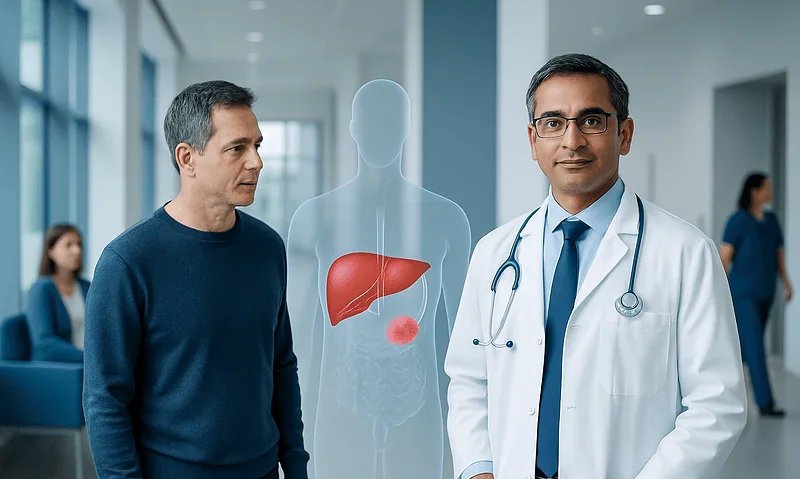 Doctor discussing liver health with patient in hospital corridor.
