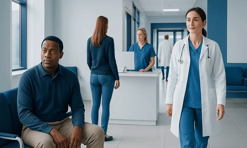 Medical staff and patient in a hospital corridor at Acibadem Hospitals Group.