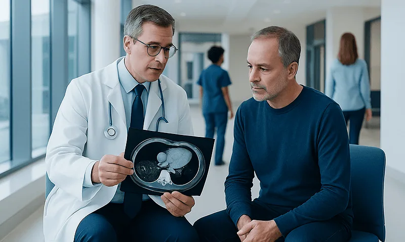 Mass on Liver CT Scan: Preparation, Procedure and Results 8 Doctor explaining liver scan results to patient in hospital corridor.