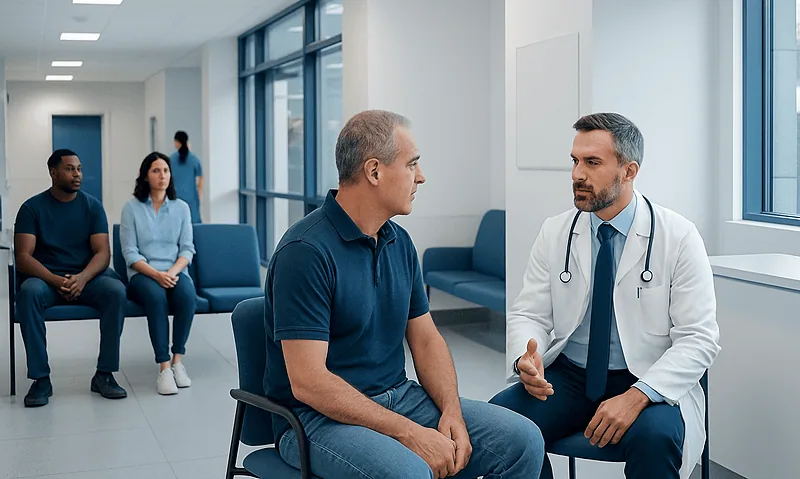 Doctor consulting with male patient in a modern hospital waiting area.