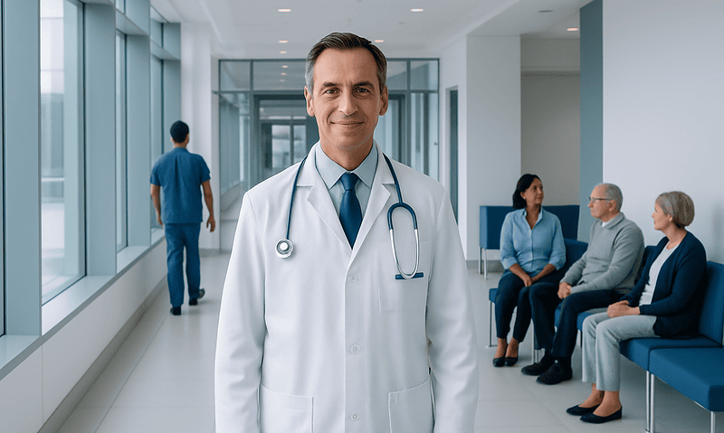 Doctor smiling in hospital corridor with patients in background.