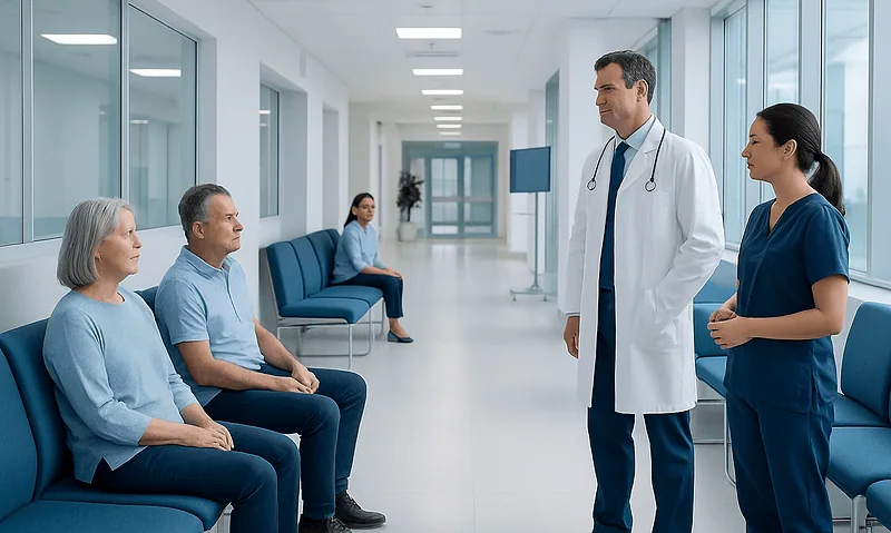Doctor consulting with elderly patients in hospital corridor.