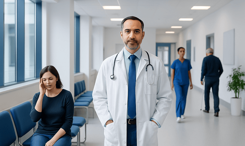 Doctor in hospital corridor with patient and staff in background.