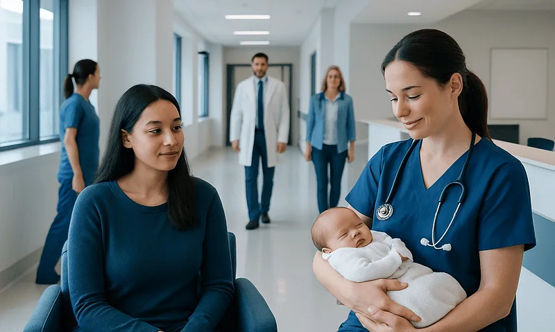 Nurse holding a newborn baby in a hospital corridor with visitors nearby.