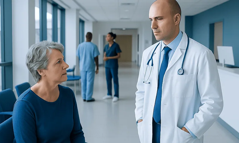 Doctor consulting a patient in a hospital corridor.
