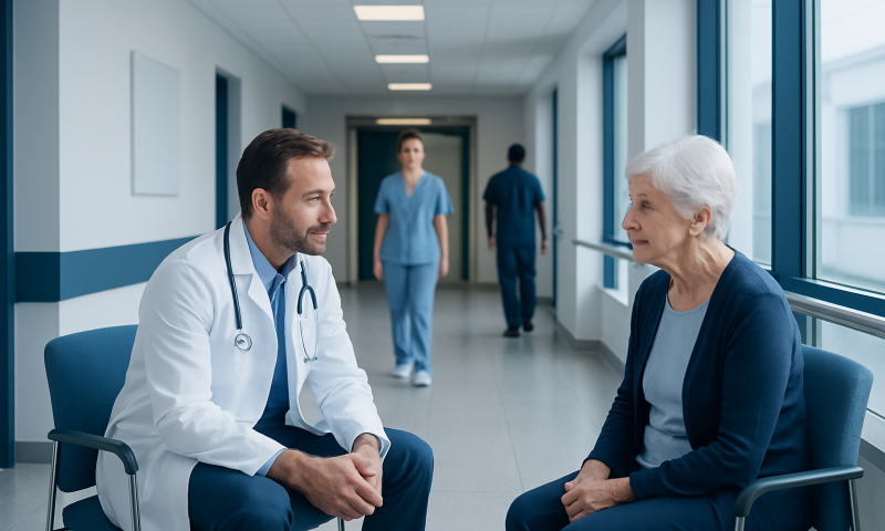 Doctor consulting elderly patient in hospital corridor.