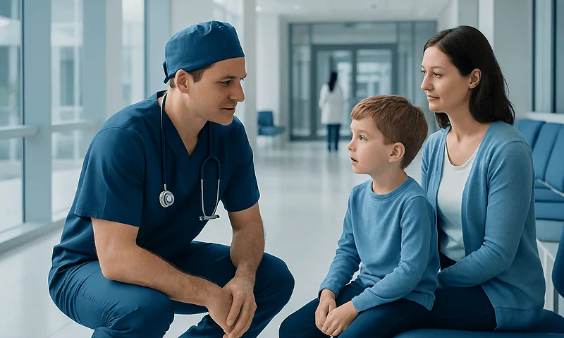 Pediatric cardiothoracic surgeon consulting with young patient and mother in hospital.