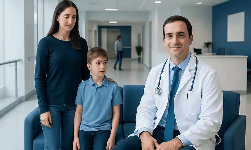Pediatric patient with mother and doctor in hospital corridor.