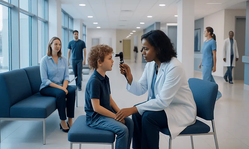 Pediatric eye exam in a modern hospital setting with a doctor and young patient.