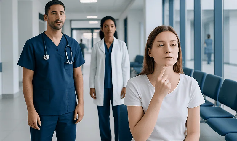 Pimple on Chin: A Complete Medical Overview 6 Young woman contemplating a pimple on her chin in a hospital corridor.