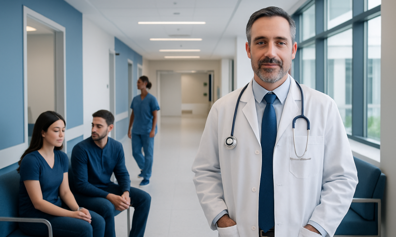 Doctor with patients in a hospital corridor, healthcare setting.