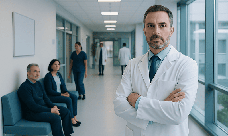 Doctor in white coat with patients in hospital corridor.