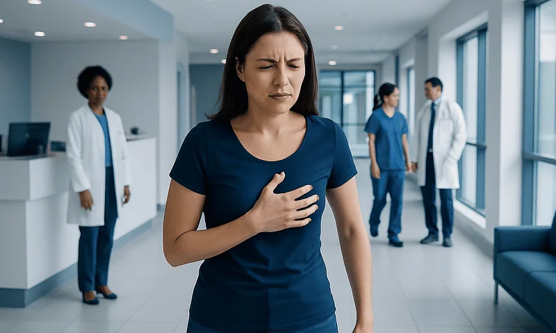 Woman experiencing chest pain in a hospital corridor with medical staff nearby.