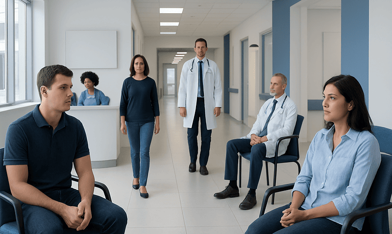 Medical consultation with patients and doctors in a hospital corridor.