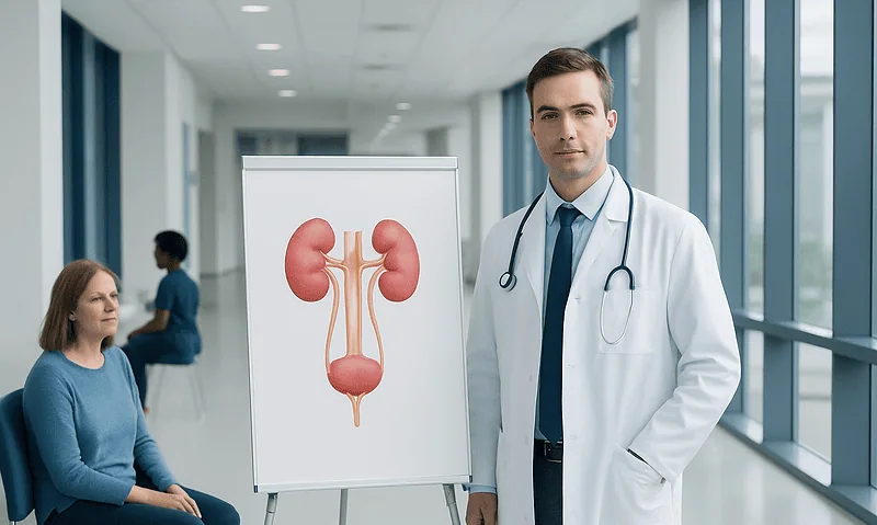 Urologist with kidney diagram in hospital corridor.