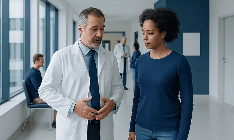 Doctor consulting with a young woman in a hospital corridor.