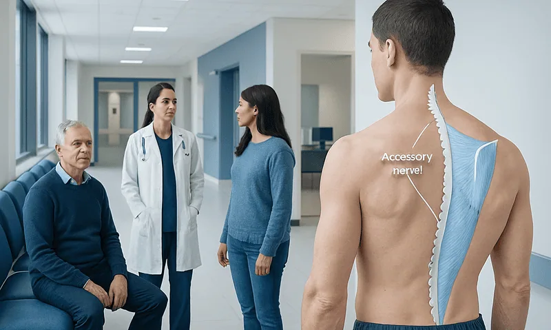 Medical consultation on accessory nerve with detailed anatomy illustration.