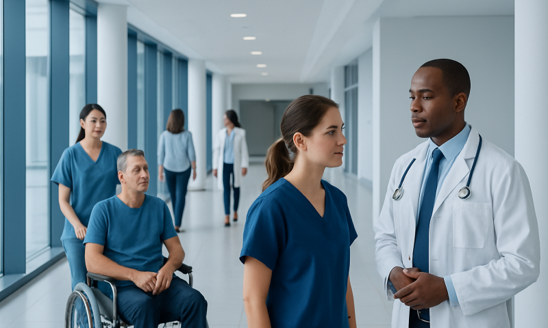 Medical team discussing patient care in hospital corridor.
