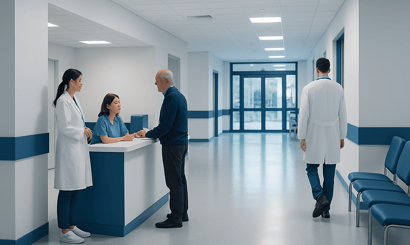 Patients and staff in a modern hospital reception area.