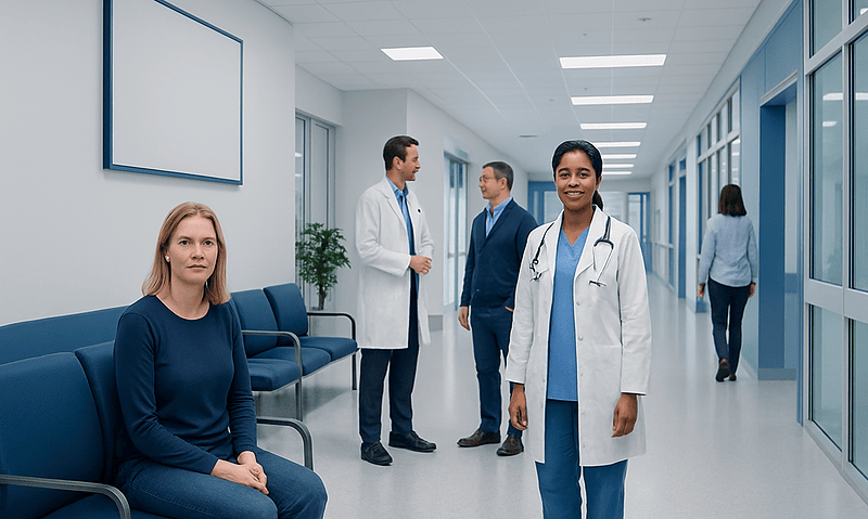 Healthcare professionals and patient in a modern hospital corridor.