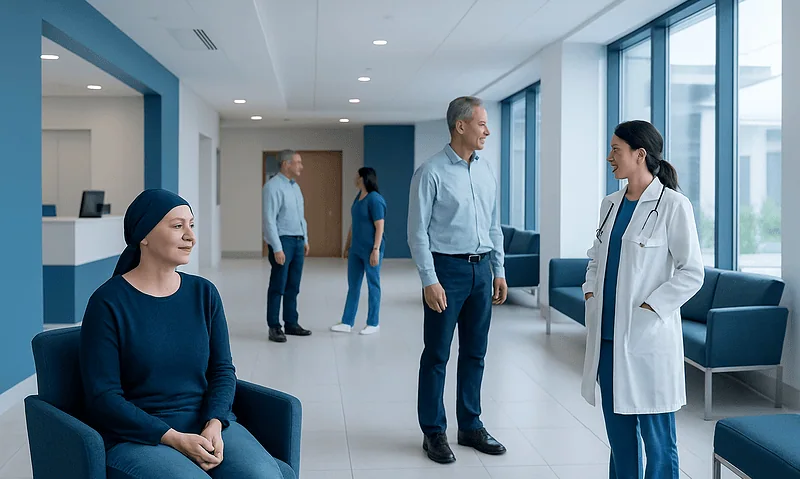 Patients and doctor in a modern hospital waiting area.