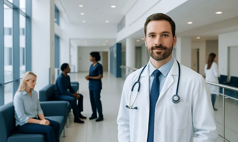 Doctor smiling in hospital corridor with patients and staff in background.