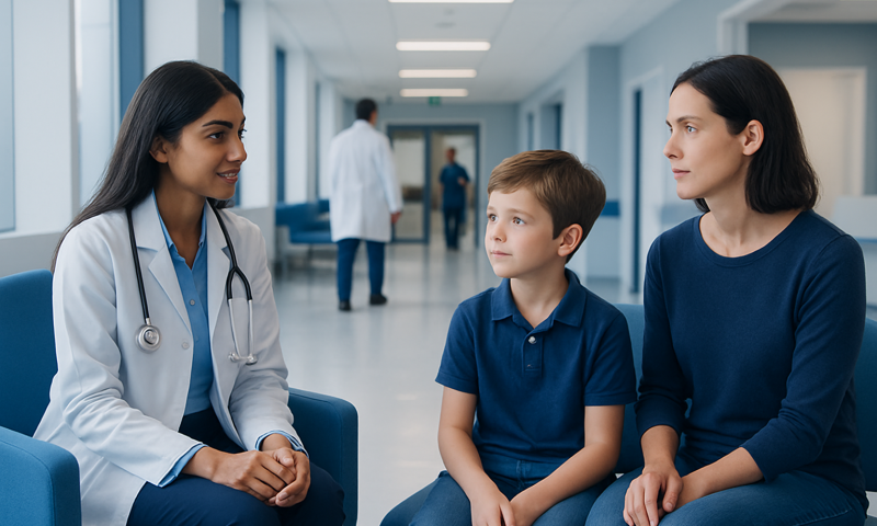 Doctor consulting with a mother and son in a hospital corridor.
