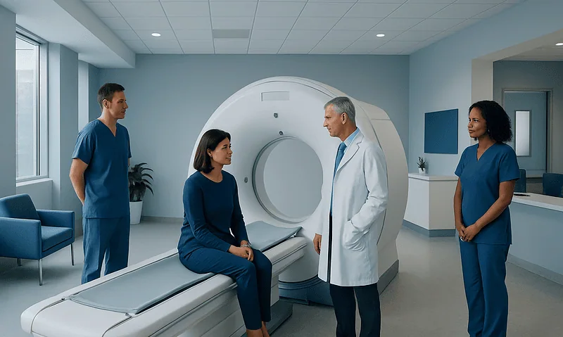 Patient preparing for Axium PET scan with medical team in hospital room.