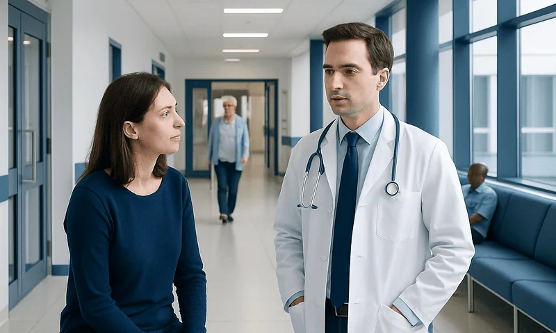 Doctor consulting a female patient in a hospital corridor.