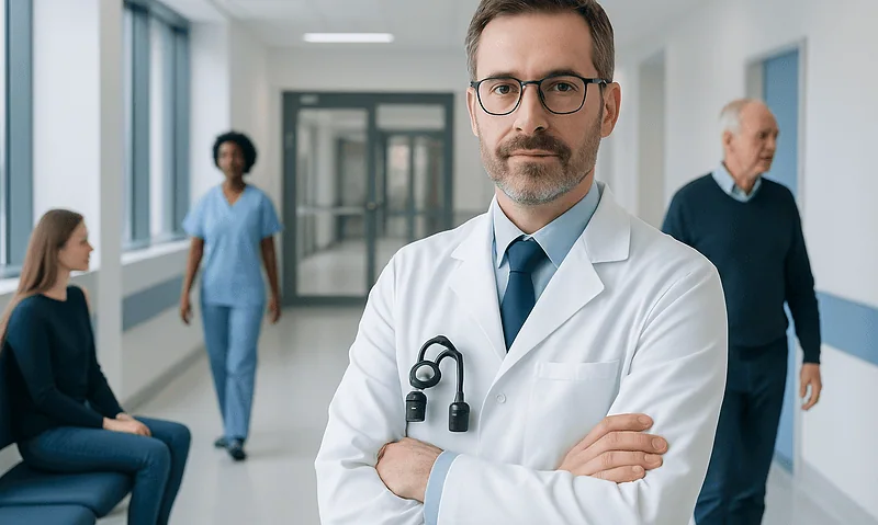 Eye specialist doctor in hospital corridor with patients and staff.