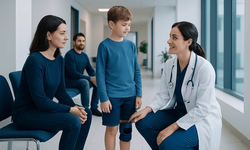 Pediatric orthopedic consultation at Acibadem Hospital with doctor and young patient.