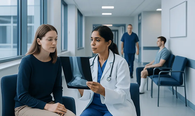 Doctor explaining ankle X-ray to patient in hospital corridor.