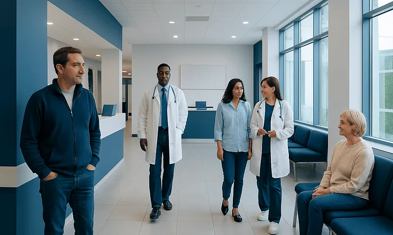 Medical team consulting with patient in hospital lobby.