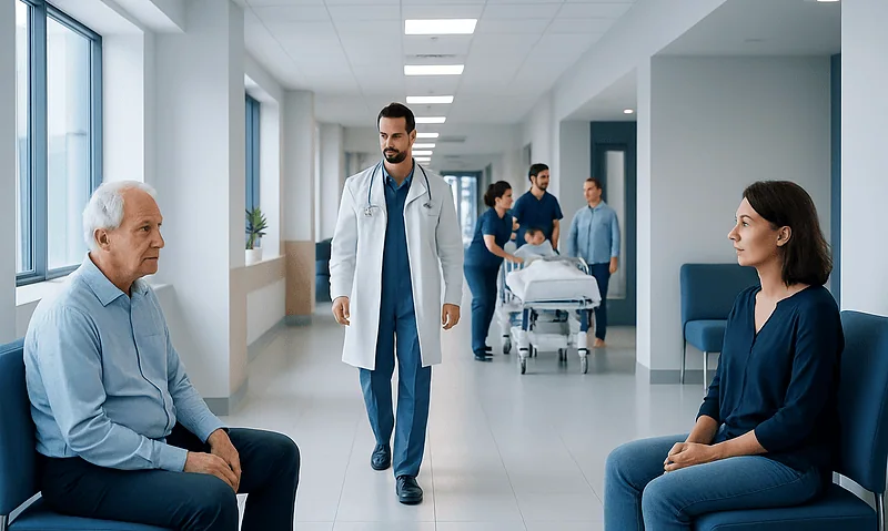 Hospital corridor with doctors and patients, healthcare environment.