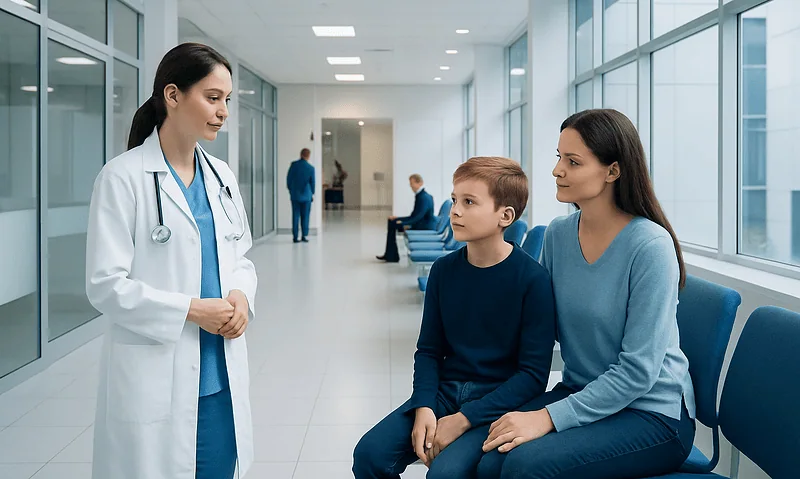 Doctor talking to young boy and mother in hospital corridor.