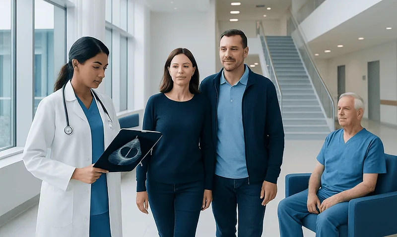 Medical team discussing a patient's heart scan in a hospital corridor.