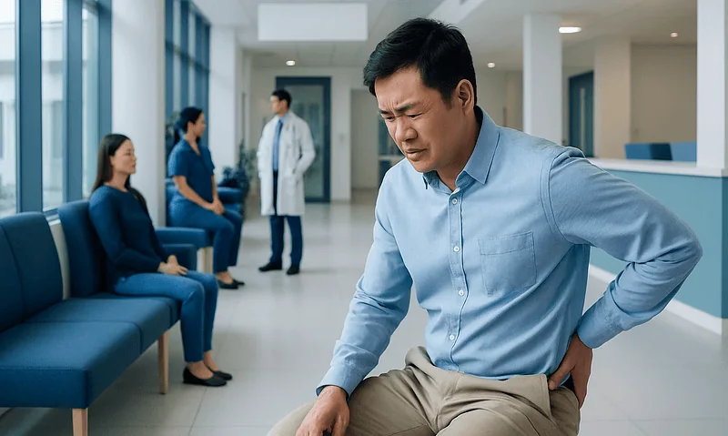 Man experiencing lower back pain in a hospital waiting area.