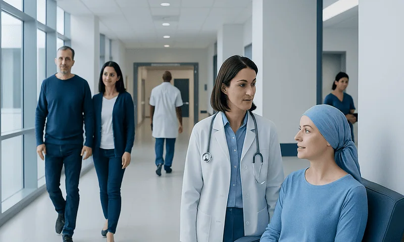 Healthcare professional consulting a patient in a hospital corridor.