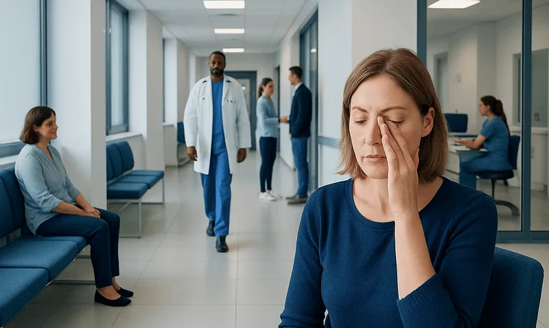 Woman experiencing eye discomfort in a hospital waiting area.